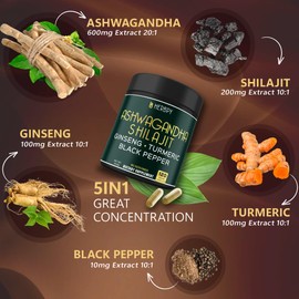 Herbpy 5in1 Ashwagandha Extra Strength with Shilajit for Stamina, Energy & Relaxation Support - Plus Ginseng, Turmeric Root & Black Pepper - 120 Count