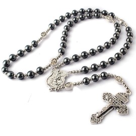HanlinCC 8mm Hematite Rosary Black Stone Beads with 4mm Stainless Steel Beads and St.Michael Metal Beads Rosary Necklace with Medal & Cross for Men and Womens (St.Michael Rosary on Steel Wire)