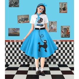 10Pcs Sock Hop Outfits Costume Women, 1950s Poodle Skirts, Poodle T-Shirt with 50s Accessories Set Scarf Headband Belt Socks Eyeglasses Earrings (SockHop-Blue-M)