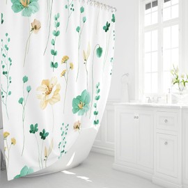 Gibelle Watercolor Floral Shower Curtain, Mint Green Beige Flower Shower Curtain for Bathroom, Modern Minimalist Waterproof Fabric Shower Curtain Set with Hooks 72x72 Inch