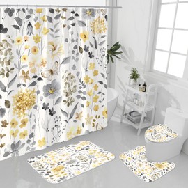 Litabel 4 Pcs Yellow Watercolor Floral Shower Curtain Sets, Yellow Shower Curtains with Flower Plant Leaves and Rugs for Spring Summer Bathroom Decor, Botanical Modern Farmhouse Rustic Bathroom Set