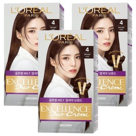 L'Oréal Paris Excellence Duo Cream Hair Dye, 4 Brown, 3 Pieces / 로레알파리 엑셀랑스 듀오크림 염모제, 4 브라운, 3개