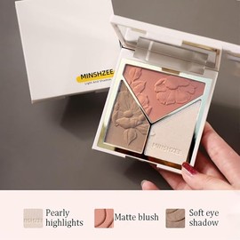 Iluminadores Paleta de rubor Contour Highlight 3 en 1 con pincel, paleta de maquillaje sedoso para contorno de bronce facial Natural Shiny Contour Highlight Duradero Ligero (A)
