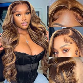 KKU Highlight Ombre 13x4 Lace Front Wigs Human Hair Pre Plucked 22 Inch HD Transparent 4/27 Honey Blonde lace frontal Wigs with Baby Hair 180% Density Body Wave Wig with Baby Hair