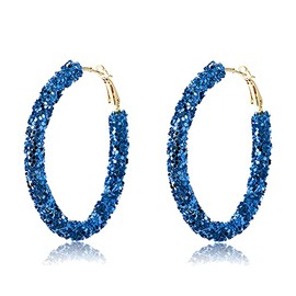 Sequins Hoop Earrings Bohemian Glitter Wrapped Gold Plated Dangle Drop Earring Circle Statement Earrings Boho Jewelry (royal blue)