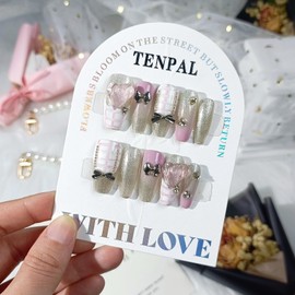 TENPAL Grey Pink Nails,Acrylic French Tip Press on Nails Medium,Soft Gel Fake Nails With Bow Ties, Glitter Coffin Nails With Plaid Designs,Y2K Stick on Nails For Women Girls,Cute Nails,Large Size