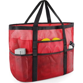 SRISE Mesh Beach Bag - Large Beach Tote Bag for Family Beach Bag for Toys & Vacation Essentials - Red