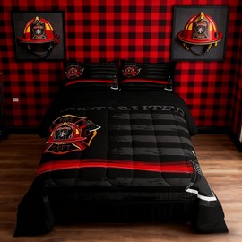 Firefighter Comforter Set Queen Size,American Flag Geometric Stripes Bedding Set,Boys Girls Adults Room Decor,Fire Fighting Truck Tools Down Comforter,Red Black Fashion Duvet Insert,2 Pillowcases