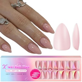 SXVME Soft Gel Nail Tips Short Almond Gel X Nails, 300Pcs Pre-applied Tip Primer Gel X Nail Tips, Natural Pink Colored Gel Tips Acrylic Fake Nails Extensions False Nails Press ons for Easy DIY