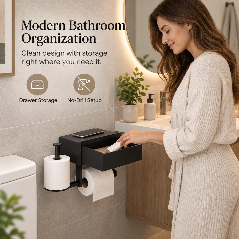 Wall-Mounted Toilet Paper Holder with Drawer – No-Drill Bathroom Tissue