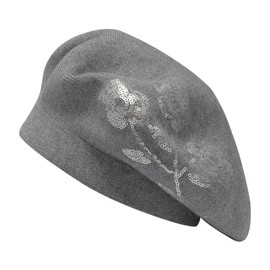 ZLYC Womens Reversible Cashmere Beret Hat Double Layers French Beret(Sequin Flowers Gray)