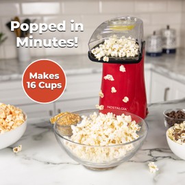 Nostalgia 16 Cup Hot Air Popcorn Maker | Makes Hot, Healthy Popcorn, No Oil Needed | Measuring Cap for Kernels Included | Stainless Steel | Red