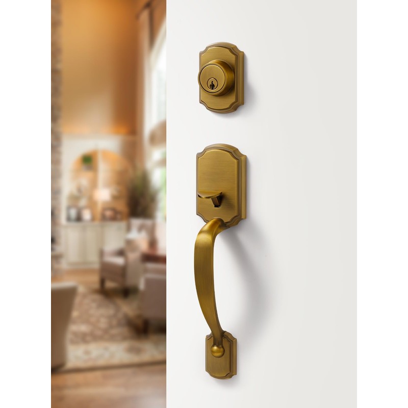 SORWDUERM 1 Pack Antique Brass Front Door Handle and Deadbolt