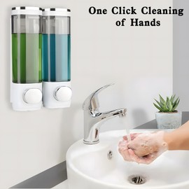 300ml Soap Dispenser Wall Mounted White Liquid Soap Dispenser Stick On Clear Shampoo Conditioner Dispenser Bathroom Shower Gel Shampoo Conditioner Dispensers No Drill for Kitchen Manual (White-300ml)