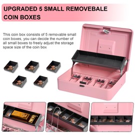 Sgorlds Cash Box Metal Money Box with Tray & Key Lock,Tiered Locking Cash Boxes,Durable Lock Safe Box with Key,4 Bill 5 Coin Slots,Cantilever Design,Large (Large, Top-Key Pink)