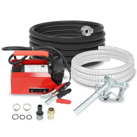 12V Diesel Fuel Transfer Pump Kit, 10 GPM / 40 LPM Portable Electric Fuel Pump, Manual Nozzle, Delivery & Suction Hose, Power Cord with Clamps, for Diesel Machine Transformer Oil