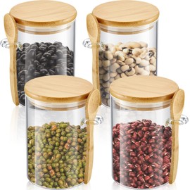 Tessco Set of 4 Sugar Container Airtight Glass Jars with Bamboo Lids and Spoons 17oz Glass Canisters Glass Jars Lid Sealed Glass Coffee Containers Food Jars Canisters for Kitchen Spice Beans