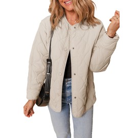 Dokotoo Women's Quilted Lightweight Jackets Round Neck Puffer Jacket Womens Cotton Drop Shoulder Long Sleeve Padded Coats Casual Loose Oversized Warm Button Up Outwear with Pockets Khaki S