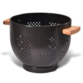 Metal Colander with Wood Handle, 5.5 Quart Powder Coated Steel Large Kitchen Strainer Stable Base (5.5QT, G-Black)
