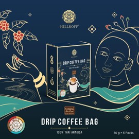 Hillkoff Drip Coffee Bags, premium 100% Arabica from Northern Thailand, 5-Process in 1 box, Single Serve, Pour Over Filter Bag, 5 serves each box, Bags Filter for Travel Camping.