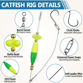 Catfish Rig Catfish Float Rigs Catfishing Tackle with Catfish Rattles Beads Peg Float Bobbers Catfish Hook Santee Cooper Rig Catfish Rig for Bank River Lake Fishing Boat Shore Fishing Yellow/Green 8/0