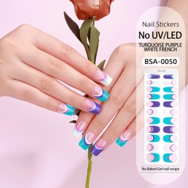 Gel Nail Stickers, Turquoise Purple White French Gel Nail Stickers, No-Bake, No UV/LED Nails Art Design Decoration
