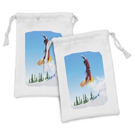 Lunarable Snowboard Fabric Pouch Set of 2, Snowboarder Illustration in Jump Doing Moves Blue Vivid Sky Skiing Winter Snowy, Small Drawstring Bag for Toiletries Masks and Favors, 9" x 6", Multicolor