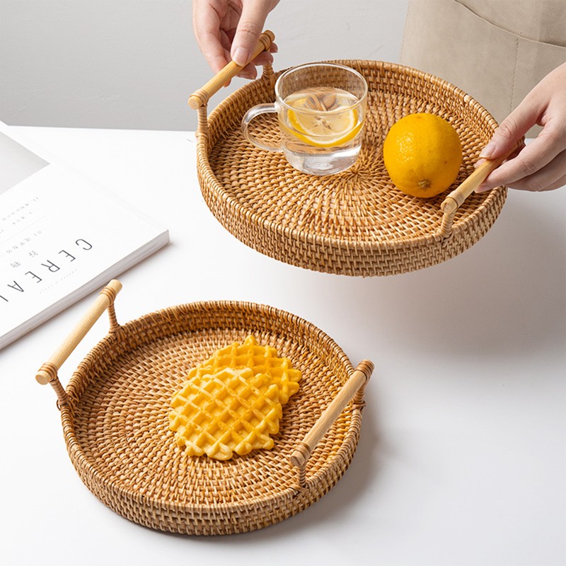 Hand Woven Round Rattan Serving Tray Bread Fruit Dessert Snack