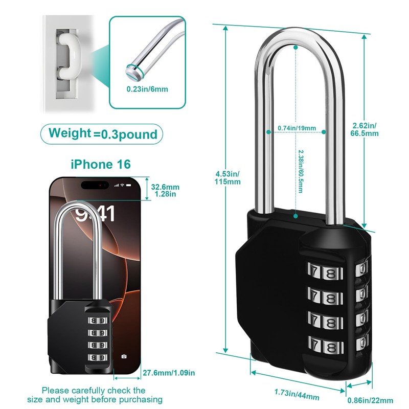 ZHEGE Combination Padlock Long Shackle, 4.53" Overall Height, 2.62" Shackle