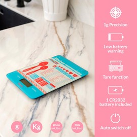 FISURA - Digitale Küchenwaage von Vichy. Original elektronische Waage 5kg/11lbsDigitalwaage Briefwaage mit Tara-Funktion. Glas und ABS. 15 x 22 cm. (Maße für Gebäck)