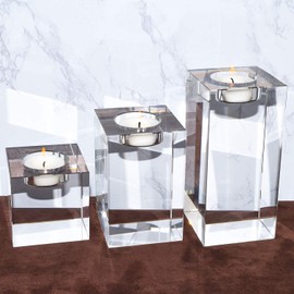 Le Sens Amazing Home Large Crystal Candle Holders Set of 3, 2.7/4.3/5.9 inches, Prepackaged Huge Big Elegant Heavy Solid Square Tealight Holders Set Centerpiece for Home Decor