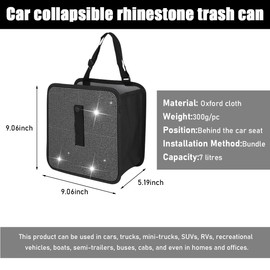 Ohleats Foldable Car Trash Can, Bling Rhinestone Oxford Auto Hanging Garbage Bag, Crystal Leakproof Foldable Waste Organizer Universal for Most Vehicles, Interior Car Accessories (White)