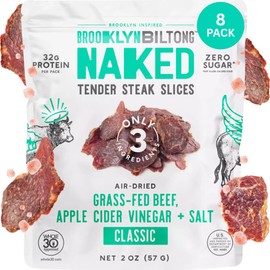 Brooklyn Biltong Naked Tender Slices, Classic (2oz, Pack of 8), Grass Fed Beef Protein Snacks, 32g Grass Fed Protein Per Pack, Beef Jerky Alternative – Sugar and Gluten Free, Paleo Snacks, Whole 30, AIP, Keto Snacks