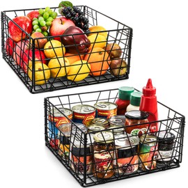 TOPZEA 2 Pack Black Metal Food Storage Basket for Pantry Organization, Foldable Wire Cabinet Organizers with Handle, Canned Goods Snack Baskets Freezer Bins for Organizing Kitchen, Bathroom, Garage