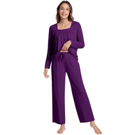 NACHILA Pajamas for Women-Viscose Made from Bamboo, Long Sleeve Pleated Pajama Sets with Pj Pants Soft Sleepwear with Pockets Deep Purple Medium