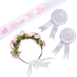 MEANT2TOBE Baby Shower Decoration for Mom To Be and Dad To Be, Pink Flowers style Tiara + White & Pink Sash + White & Pink Dad to be pin, Maternity Gift for Her and Him, mommy to be sash