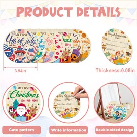 Threetols 7PCS Wooden My First Holiday Milestone Cards Sign, Double Sided Newborn Photography Prop Pregnancy Journey Baby Growth My First Holiday Anniversary Milestone Wood Discs Baby Shower Gifts