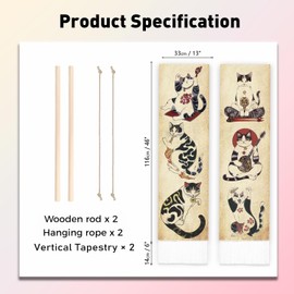PLIGREAT 2 Pack Japanese Style Vertical Tapestry Retro Cat Aesthetic Wall Hanging for Bedroom Living Room Home Decor Long Narrow Art Tapestry with Tassels, 52" x 13"/130 x 33cm