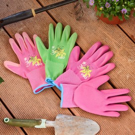 Vgo... 3 pares de guantes de trabajo y jardinería con revestimiento de látex para mujer (talla L, verde, rosa y morado, RB6013)