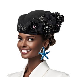Petaluna Women's Flower Beret Suitable for Church Wearing Elegant Breathable Stewardess Hat Wedding and Party Retro French Headdress (Black, 22.44in-22.83in Freely Adjustable)