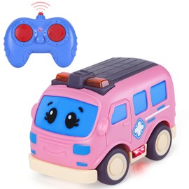 Highttoy Remote Control Cars for 1 2 3 Year Old Girls, Cartoon Ambulance Bus Toys for 1 2 3 Year Old Girls Toy Car for Toddlers 2.4GHz 4-Channel RC Mini Car Toy Gifts for 1+ Year Old Girls, Pink