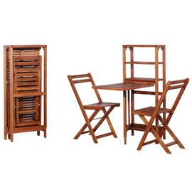 vidaXL Solid Acacia Wood 3 Piece Bistro Set - Folding Outdoor Patio Furniture with Storage Rack/Table Combo - Brown