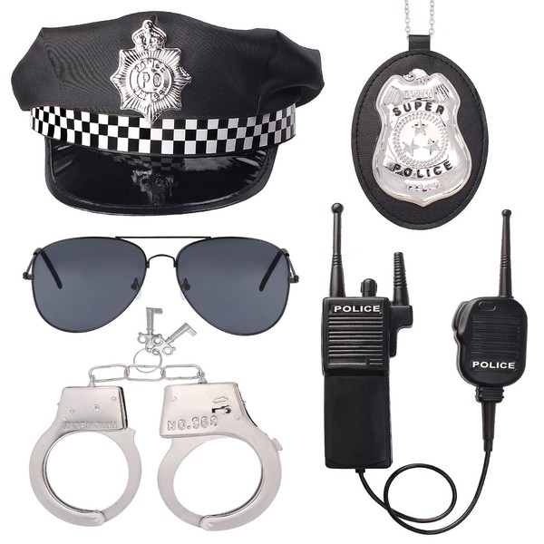 Beelittle Police Officer Role Play Kit Police Hat Handcuffs Walkie Talkies Policeman Badge Sunglasses Police Costume Accessories for Cop Swat FBI Halloween Party Dress up (A)
