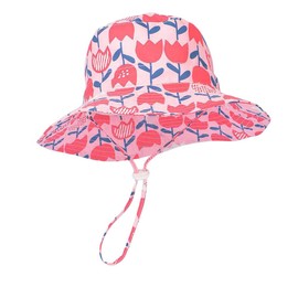 Lacofia Baby Sun Hat, Summer Hat for Toddlers, Boys, Girls, Kids, UPF 50+ Wide Brim Beach Cap with Adjustable Chin Strap - Pink Flowers