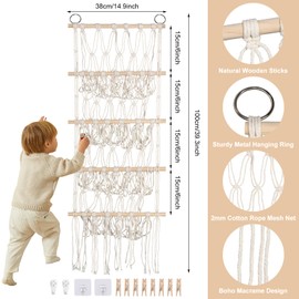 Qivine Toy Storage Net 4-Layer Boho Macrame Stuffed Toy Hammock with Wooden Clips and Hooks, Children's Room Hanging Cuddly Toy Organiser for Teddy Corner Toy