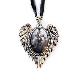 Prayer For The Fallen - Angel Cameo Oval Cabochon Style Pendant Necklace in Winged Setting With Heart Casting at Top, Ribboned - Artwork by Anne Stokes