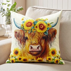 JOTOM Cushion Cover 45x45 cm Highland Cow Decorations Gift Throw Pillow Cover 18x18 Inch Sunflower Pillow Case Decor Home Living Room Couch Sofa Bed (Highland Cow Sunflower)
