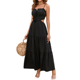 XinFSh Women's Summer Spaghetti Maxi Dress Boho Backless Milkmaid Cutout Dresses Casual Flowy Long Beach Vacation Sundress Black