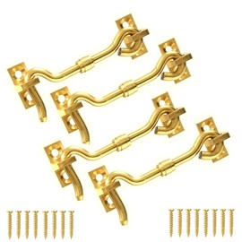 TERF® 100mm Polished Brass Cabin Door Hook and Eye Lock 100mm (4 inch) Cabinet Latch including Fixing Screw For Door Gate Window Closet Shed Latch - Pack of 4
