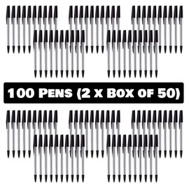 Essential Arts Black Ink Ballpoint Pens Pack of 100 (2 x 50) Medium Point Ball Biro Pen with Comfort Grip - Office, School and Business Supplies